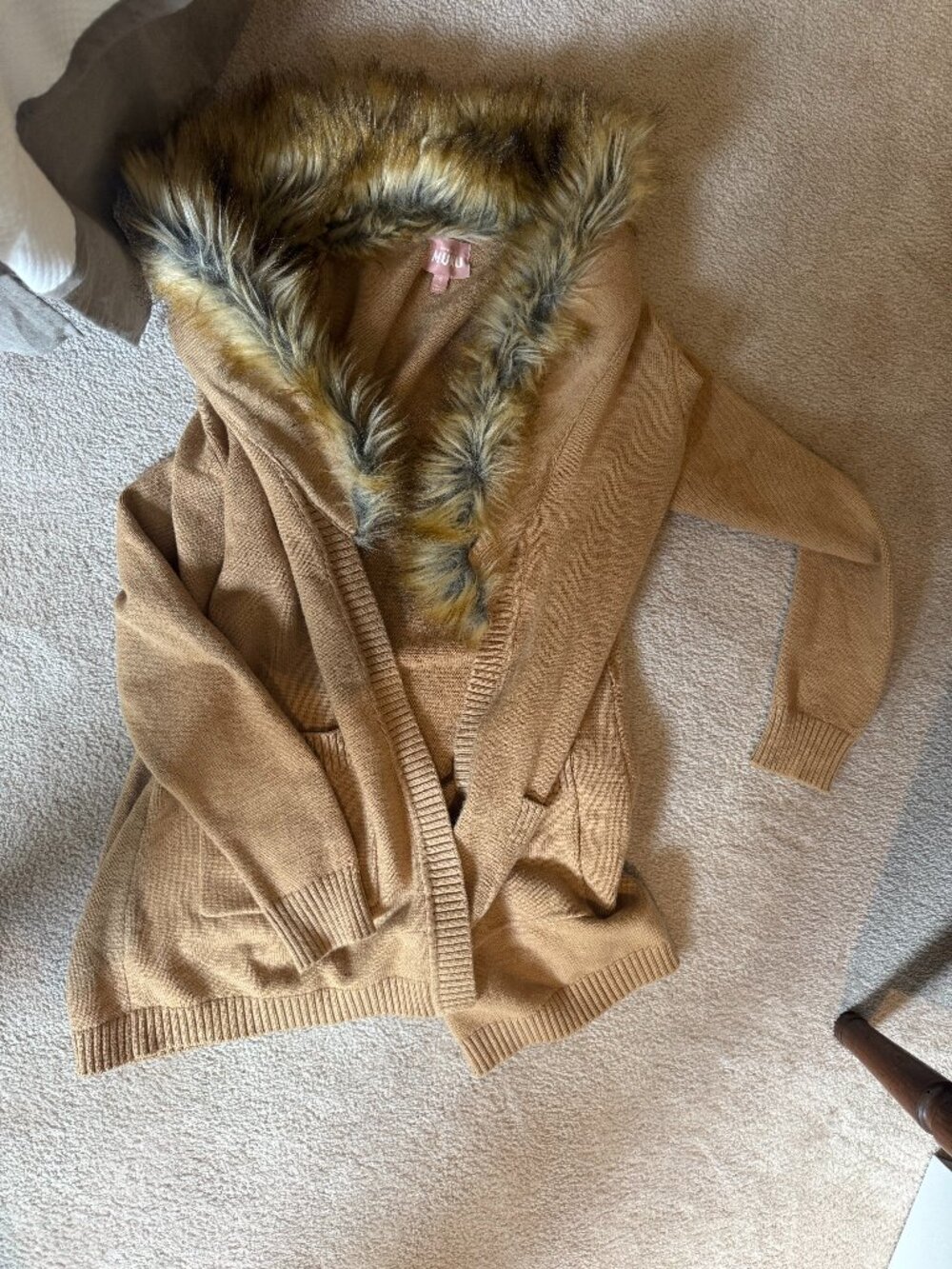 Tan "Show Me Your Mumu" Cabin Cardigan with a brown faux fur trim.